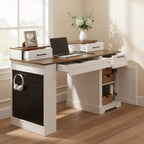 White Farmhouse Office Desk with Storage Cabinet, Charging Station, Monitor Stand & Pegboard, 55' Computer Writing Desk with 
