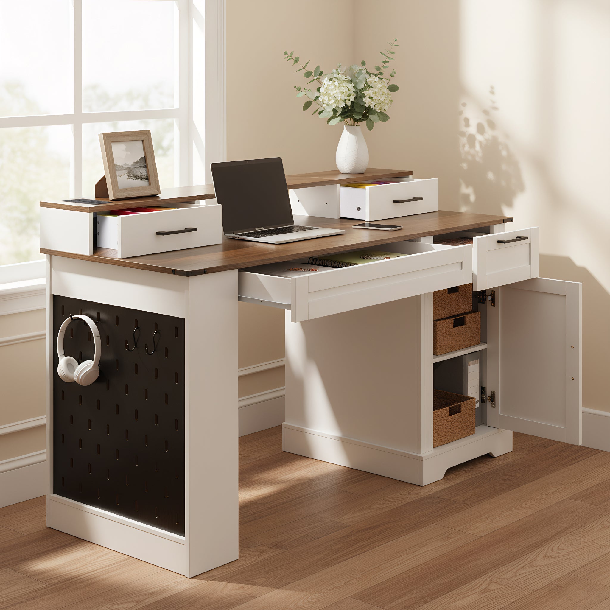 White Farmhouse Office Desk with Storage Cabinet, Charging Station, Monitor Stand & Pegboard, 55' Computer Writing Desk with 