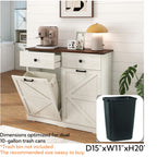 Farmhouse Barn Door Style Double Tilt Out Trash Cabinet for 20 Gallon Cans with Free Standing Recycling and Laundry Storage, Antique White & Brown Woodgrain - Grand Goldman Shop