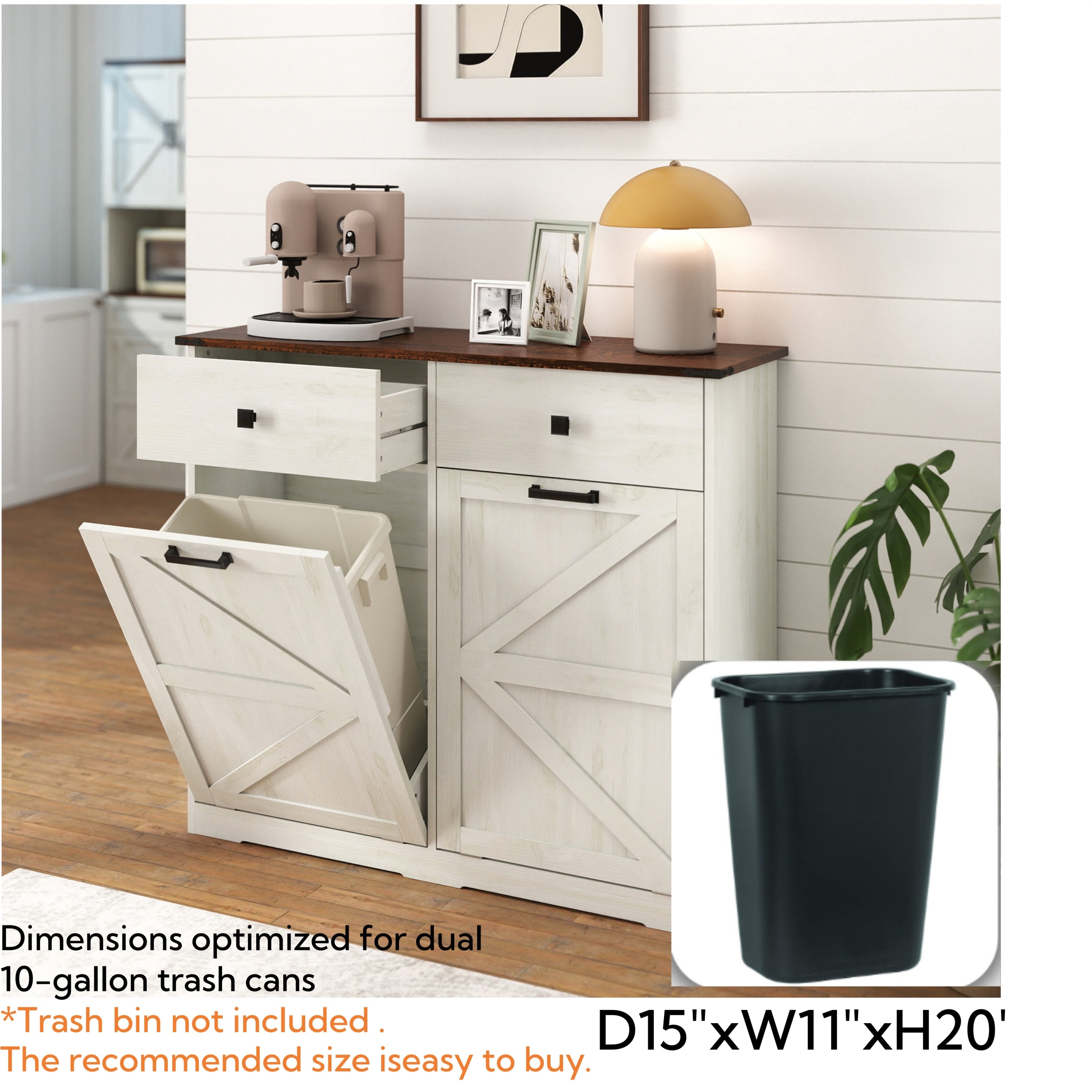 Farmhouse Barn Door Style Double Tilt Out Trash Cabinet for 20 Gallon Cans with Free Standing Recycling and Laundry Storage, Antique White & Brown Woodgrain - Grand Goldman Shop