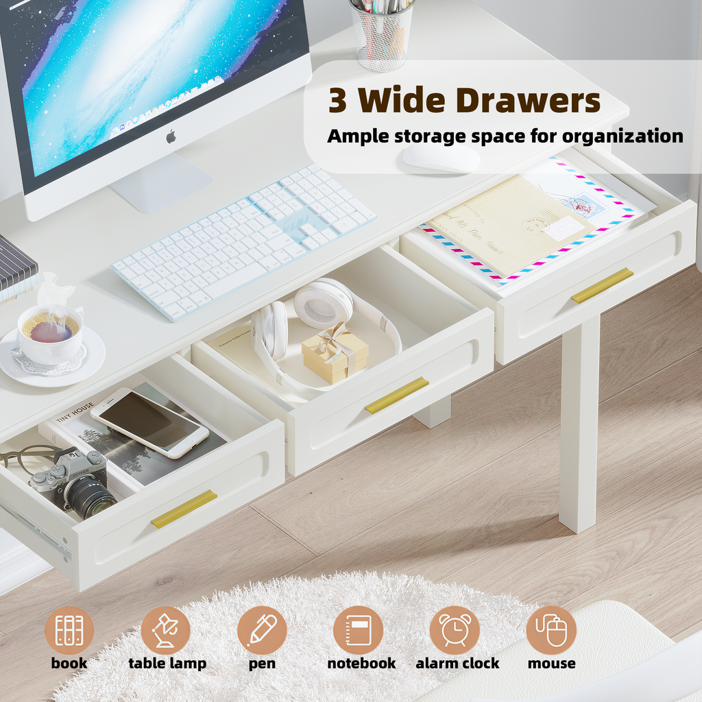 Cream White Vanity Desk with 3 Drawers, Modern Makeup Table or Writing Desk, Multipurpose Dressing Table for Bedroom, No Mirror Included - Grand Goldman Shop