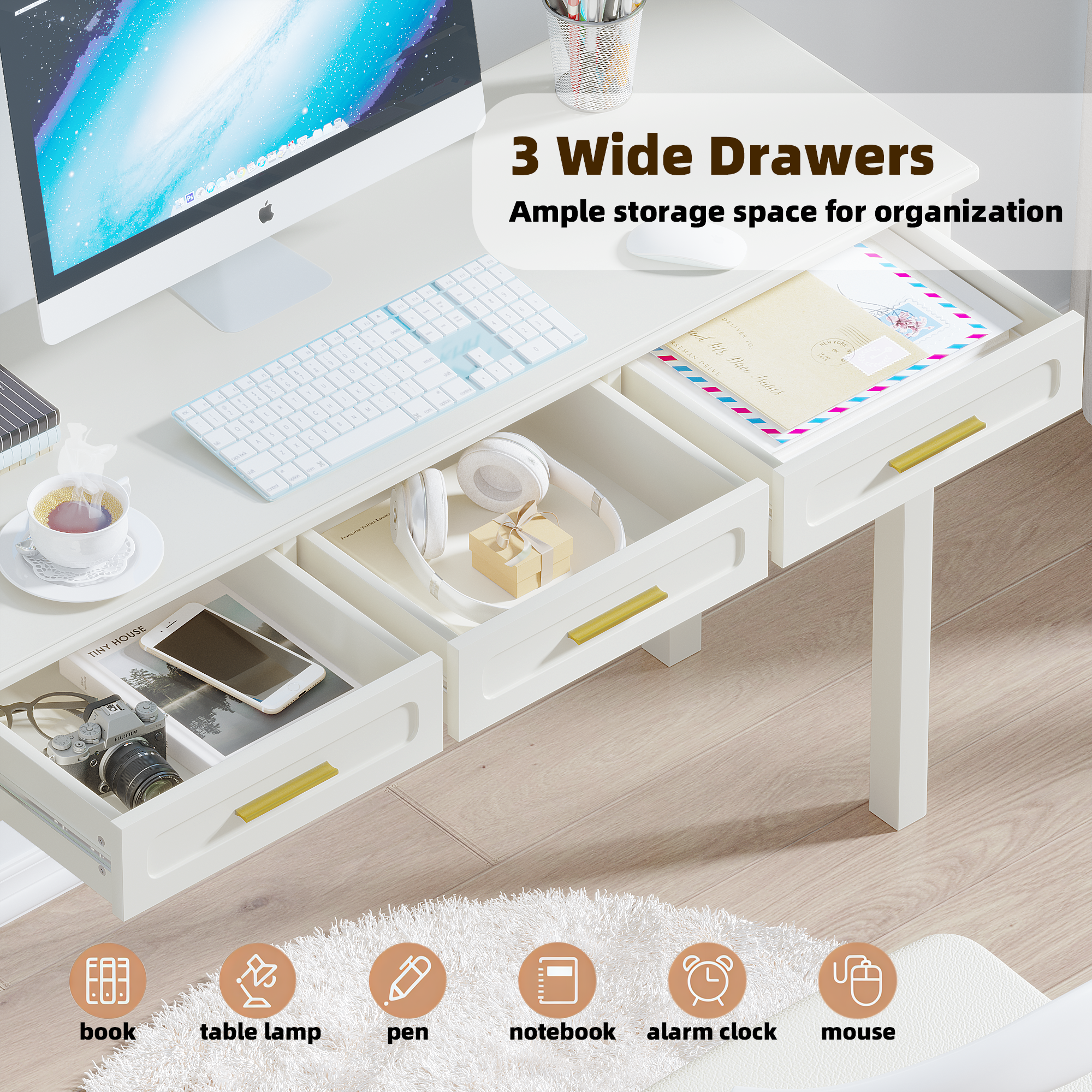 Cream White Vanity Desk with 3 Drawers, Modern Makeup Table or Writing Desk, Multipurpose Dressing Table for Bedroom, No Mirror Included - Grand Goldman Shop