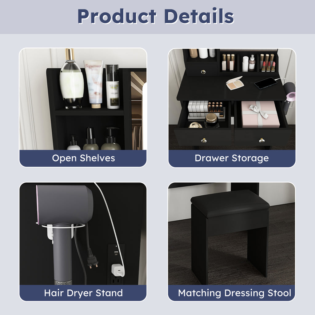 Modern Small Vanity Desk with 3 LED Lighting Modes, 3 Drawers, Open Shelves, Hair Dryer Holder, Power Socket, and Dressing Chair in Black MDF - Grand Goldman Shop