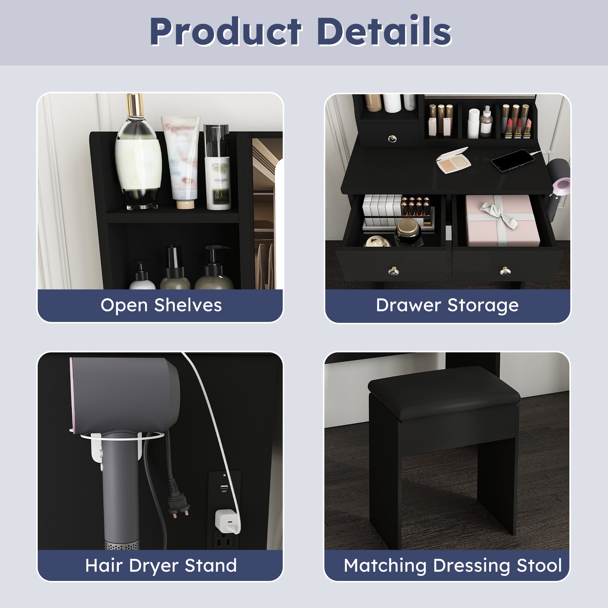 Modern Small Vanity Desk with 3 LED Lighting Modes, 3 Drawers, Open Shelves, Hair Dryer Holder, Power Socket, and Dressing Chair in Black MDF - Grand Goldman Shop