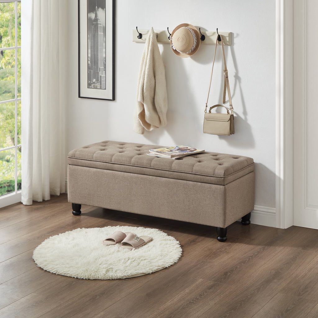 Upholstered tufted button storage bench ,Linen fabric entry bench with spindle wooden legs, Bed bench- Linen - Grand Goldman Shop