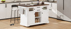 K&K 54.9' Kitchen Island with Drop Leaf, Power Outlet, Kitchen Storage Cart with 4 Door Shelves, Cross Barn Doors & Visual Glass Door, Rolling Kitchen Island on 4 Wheels for Kitchen, Dining Room,White - Grand Goldman Shop