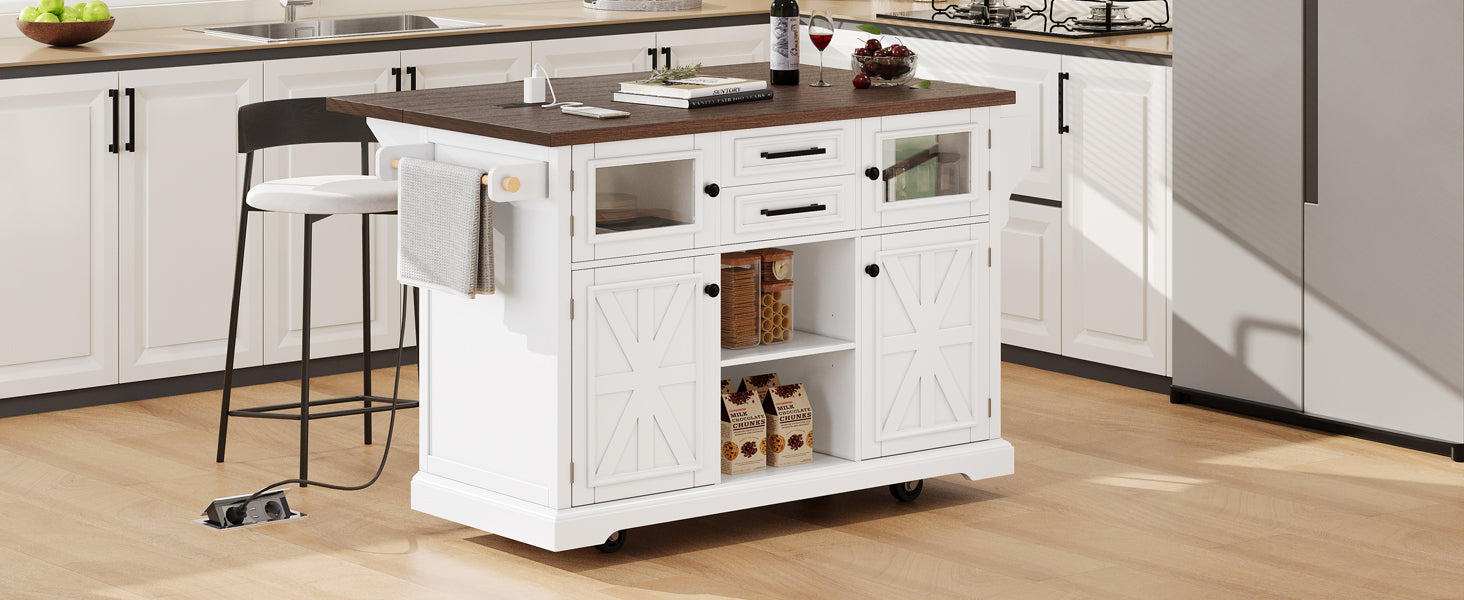 K&K 54.9' Kitchen Island with Drop Leaf, Power Outlet, Kitchen Storage Cart with 4 Door Shelves, Cross Barn Doors & Visual Glass Door, Rolling Kitchen Island on 4 Wheels for Kitchen, Dining Room,White - Grand Goldman Shop