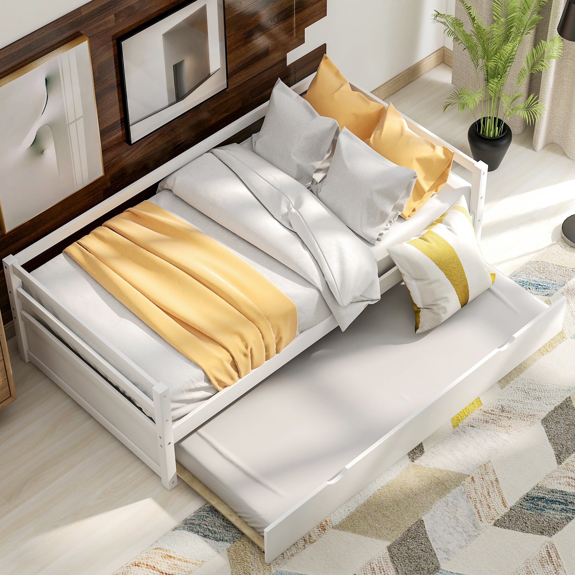 White Twin Daybed with Trundle Frame Set, Pine Wood and MDF, 76''L x 41.7''W x 25.9''H - Grand Goldman Shop