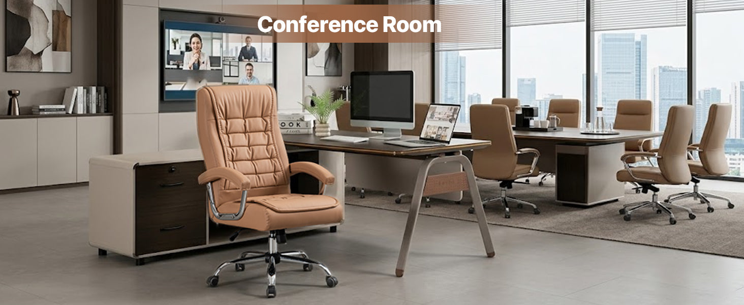 Executive Office Chair High Back PU Leather Desk Chair with Spring Seat Cushion, Ergonomic Swivel Computer Chair with Chrome 