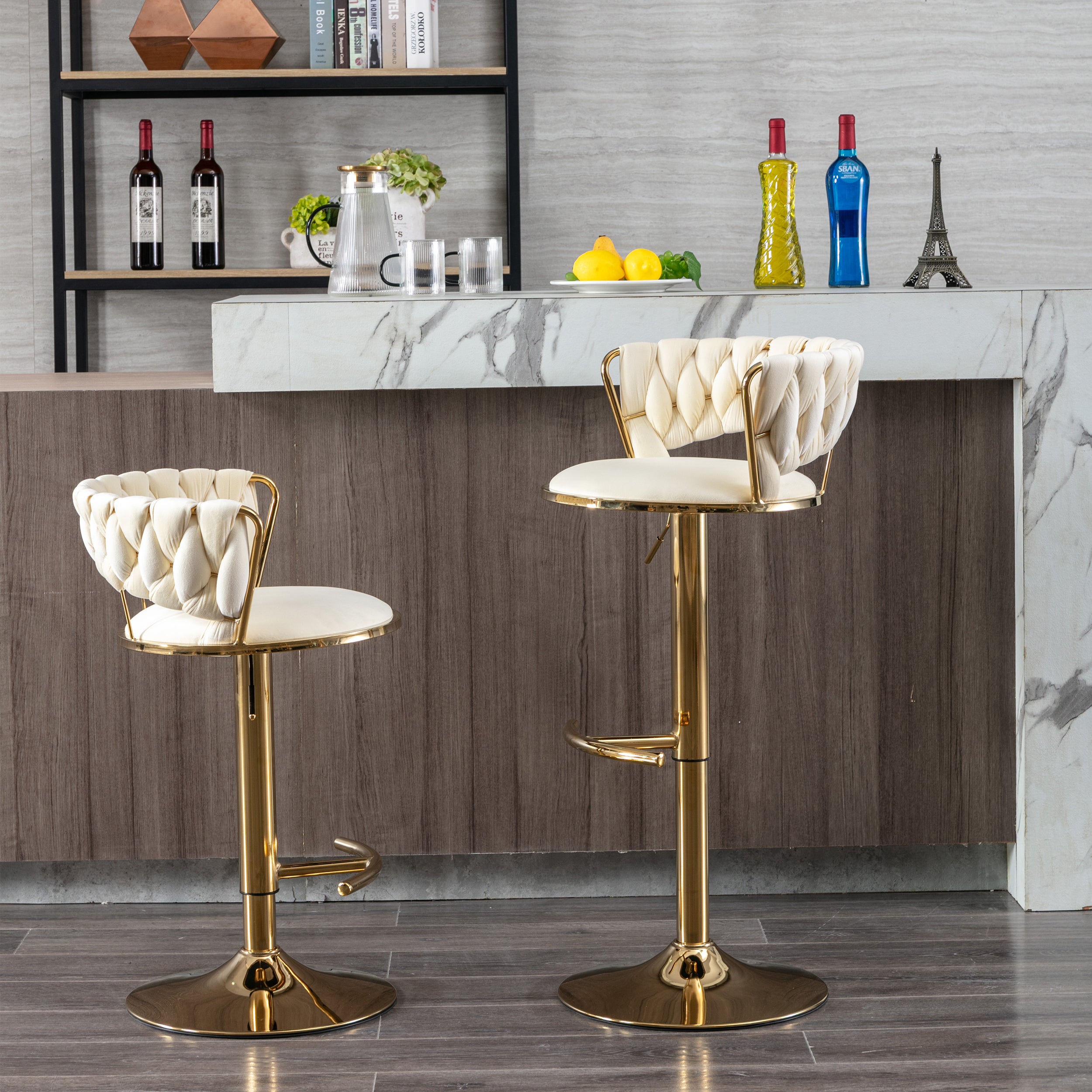 Set of 2  Bar Stools,with Chrome Footrest and Base Swivel Height Adjustable Mechanical Lifting Velvet + Golden Leg Simple Bar Stool-Cream - Grand Goldman Shop