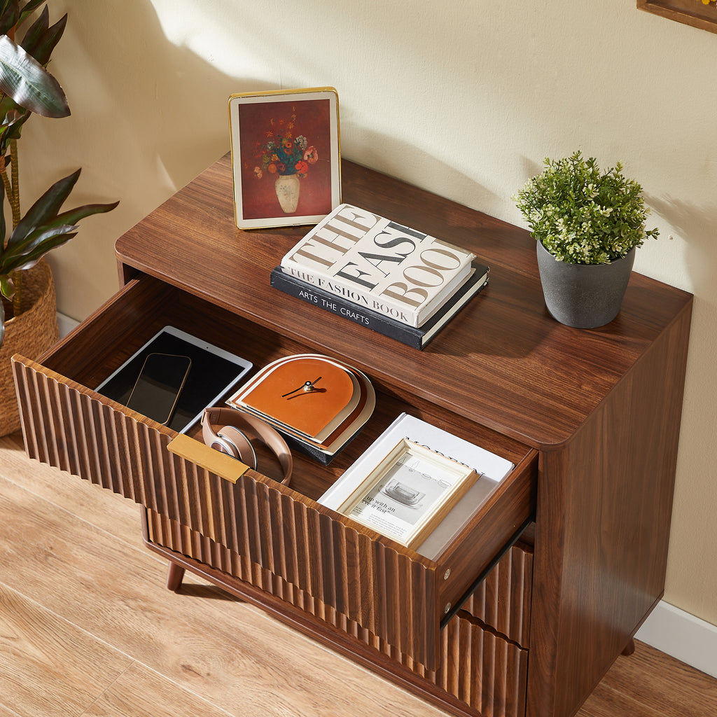 Fluted 3 Drawer Dresser Set of 2, Mid-Century Modern Tall Chest of Drawers with Vertical Grooved Design, Solid Wood Storage Cabinet with Metal Handles for Bedroom Living Room, Walnut - Grand Goldman Shop