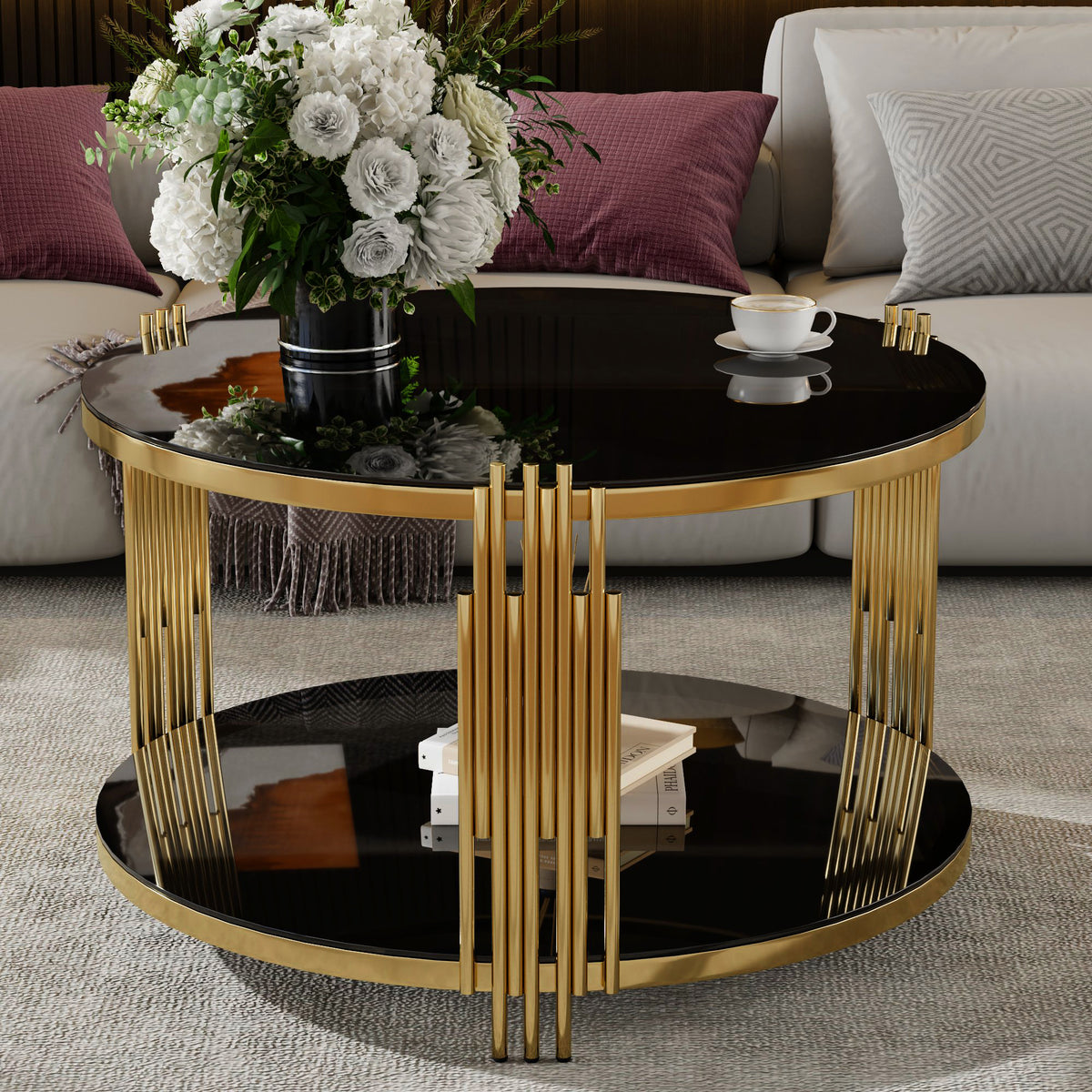 Modern Black Mirror Coffee Table, Asymmetrical Metal, Circular Metal Drum Base, Gold Finish & Lower Shelf - Grand Goldman Shop