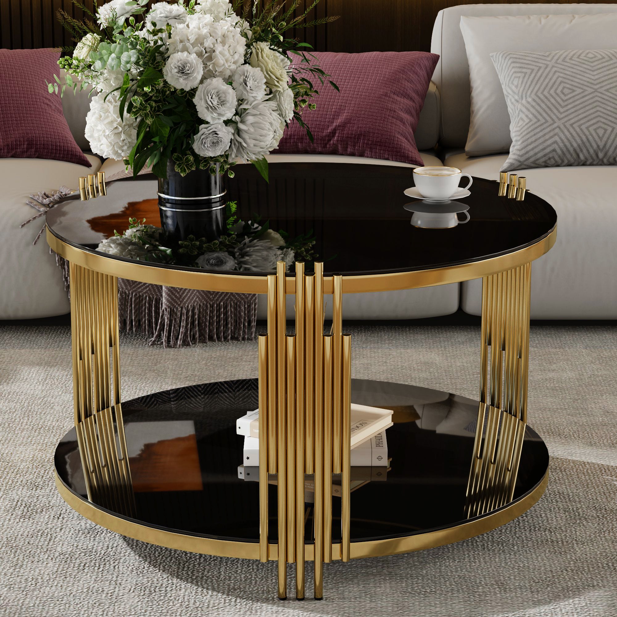 Modern Black Mirror Coffee Table, Asymmetrical Metal, Circular Metal Drum Base, Gold Finish & Lower Shelf - Grand Goldman Shop
