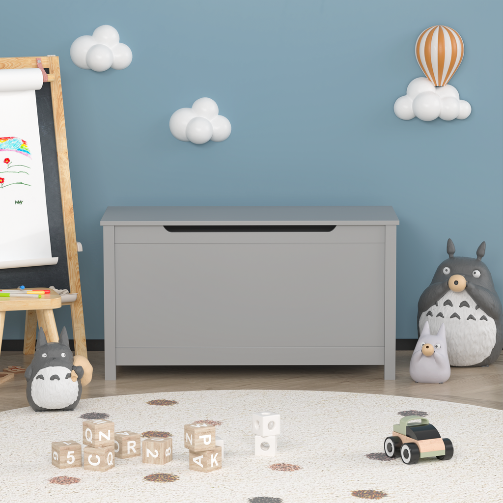 Kids Wooden Toy Box Storage with Safety Hinged Lid for Ages 2+ (Gray) - Grand Goldman
