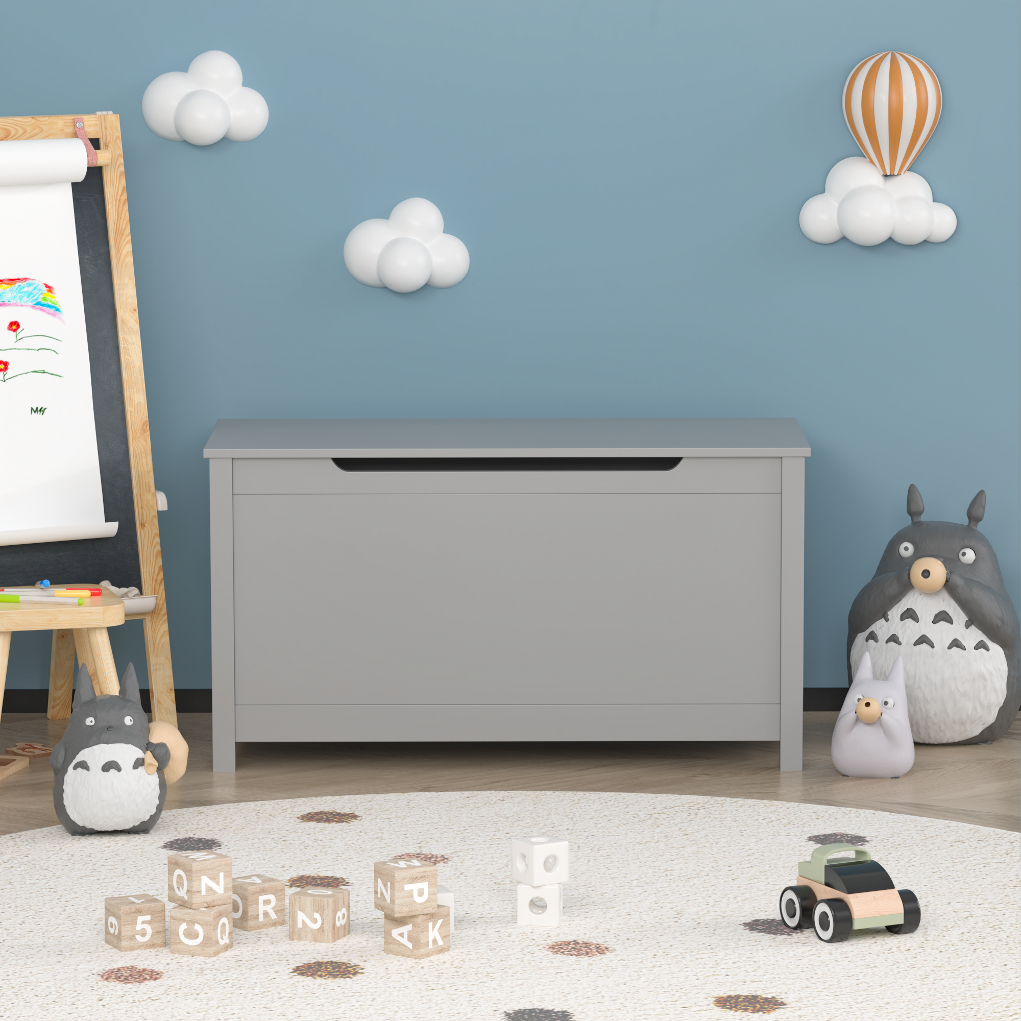 Kids Wooden Toy Box Storage with Safety Hinged Lid for Ages 2+ (Gray) - Grand Goldman