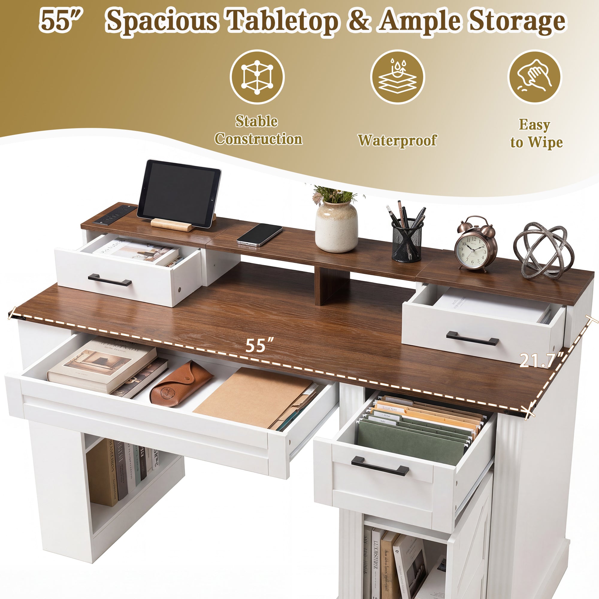 White Farmhouse Office Desk with Storage Cabinet, Charging Station, Monitor Stand & Pegboard, 55' Computer Writing Desk with 