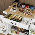 Kitchen island rolling trolley cart with 1 drawer & 2 doors with storage racks & Adjustable Shelves & towel rack & seasoning rack rubber wood table top-White - Grand Goldman Shop