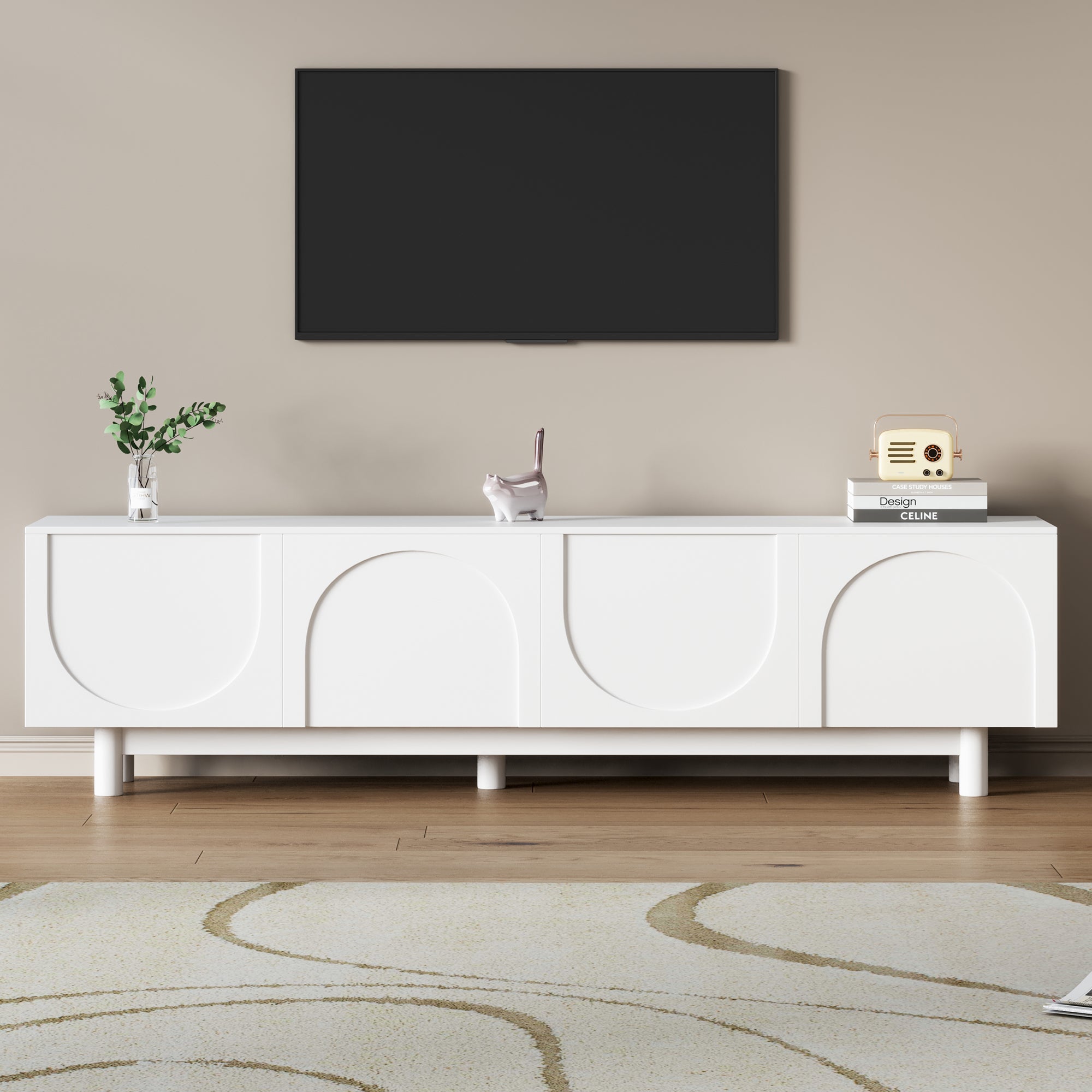 ON-TREND Graceful TV Stand with Arch Cabinets for TVs Up to 78'', Minimalist Entertainment Center with Solid Wood Legs, Practical Media Console with Adjustable Shelves for Living Room, White - Grand Goldman Shop