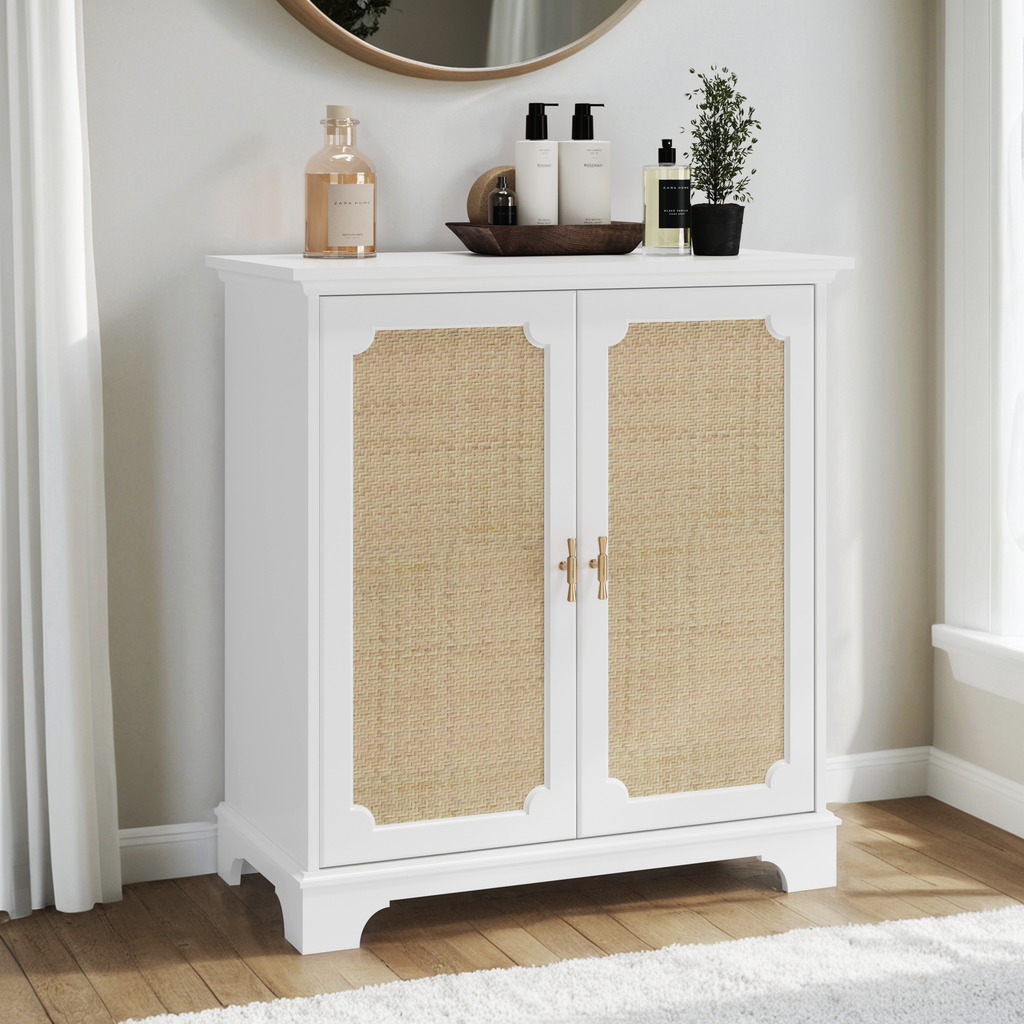 Rattan Decorated Sideboard Buffet Storage Liquor Cabinet, White Particle Board & MDF, 31.10 x 14.96 x 34.25 inches - Grand Goldman Shop