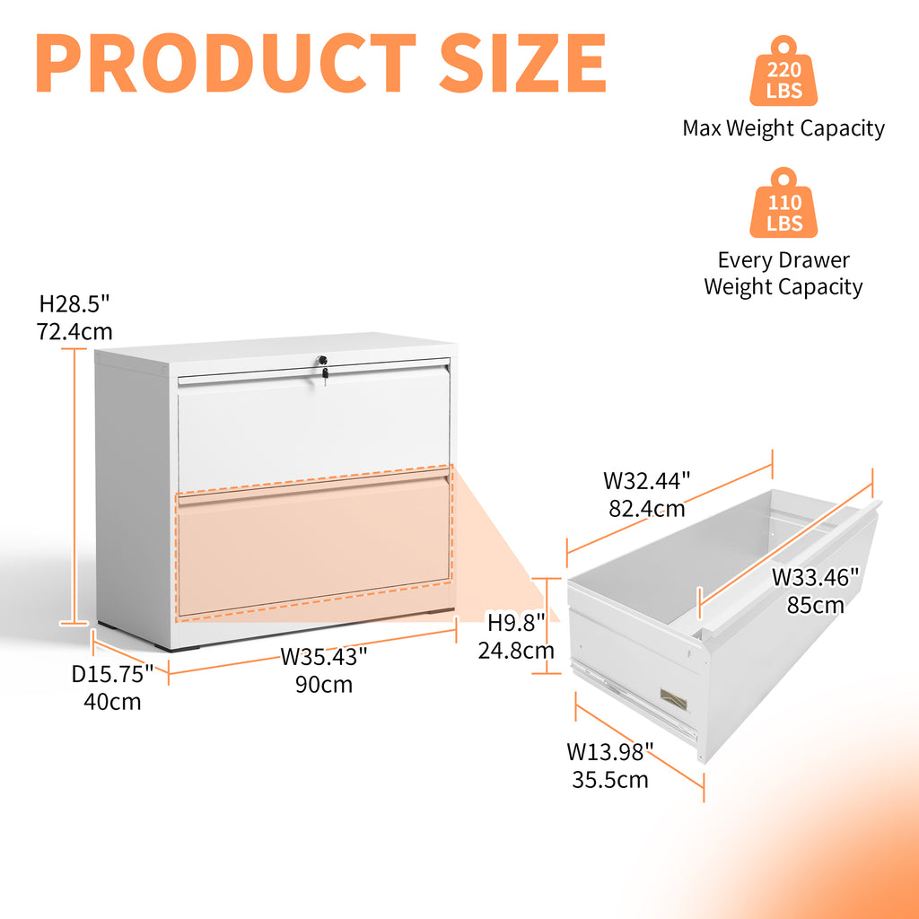 Lateral File Cabinet 2 Drawer, 35.4 Inch Wide Metal Filing Cabinet for Home Office, Locking File Cabinet with Anti-Tip Interl