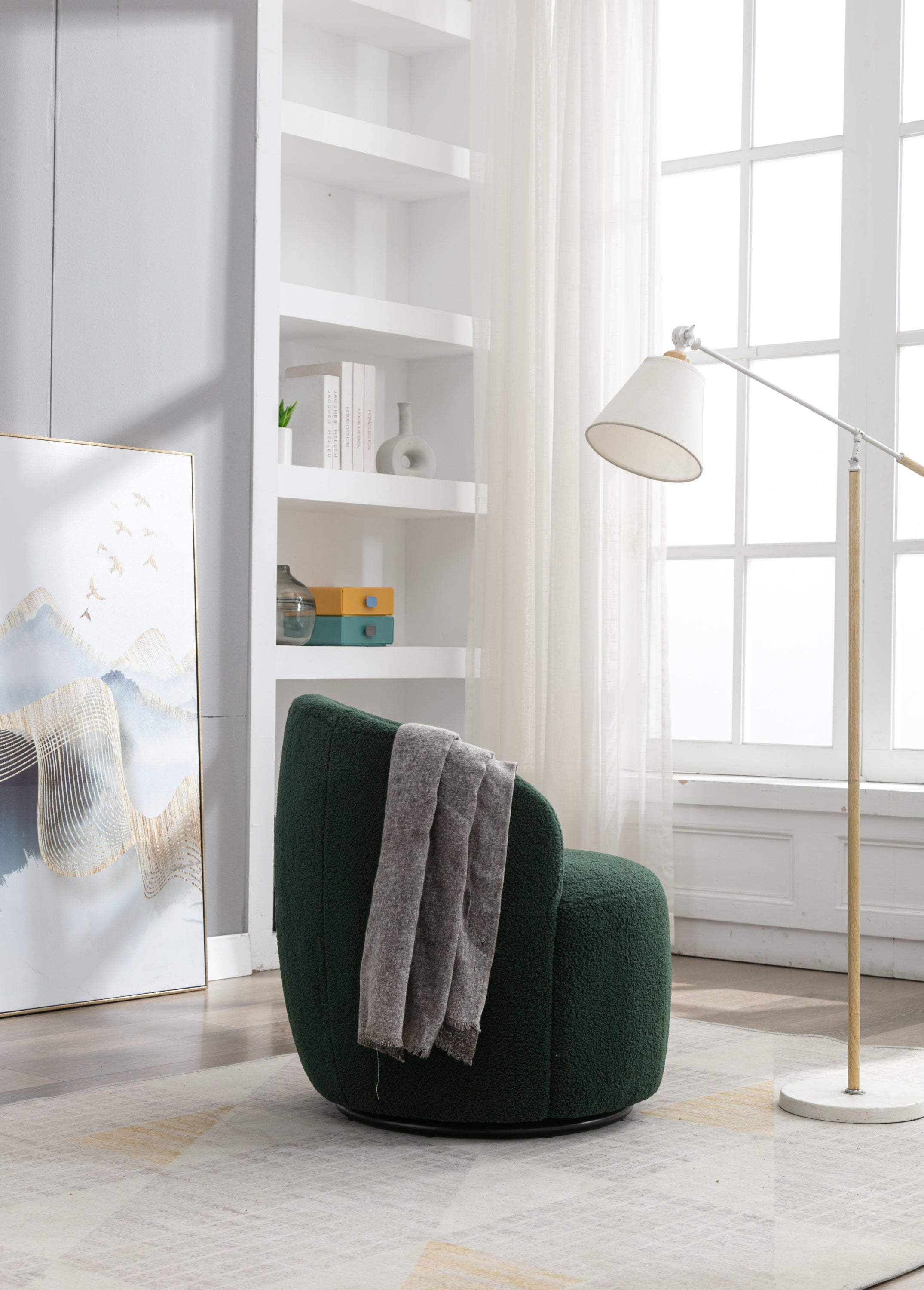 Teddy Fabric Swivel Accent Armchair Barrel Chair With Black Powder Coating Metal Ring,Dark Green - Grand Goldman Shop