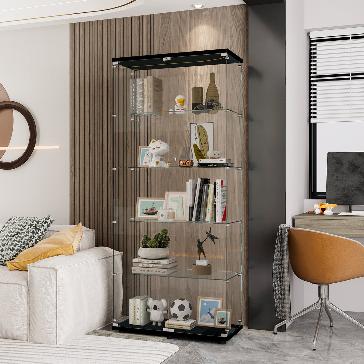 Glass Display Cabinet with 5 Shelves Double Door, Curio Cabinets for Living Room, Bedroom, Office, Black Floor Standing Glass