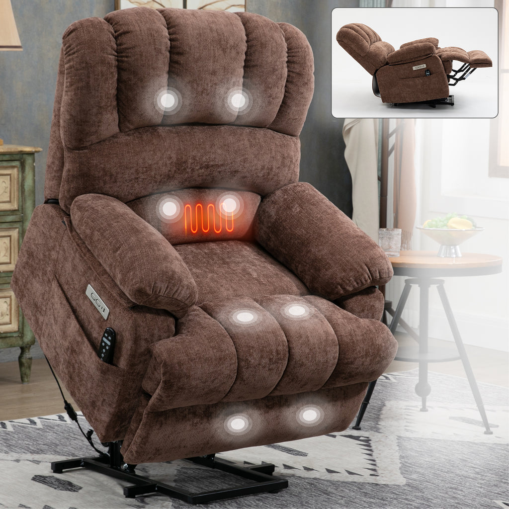 23' Seat Width and High Back Large Size Chenille Power Lift Recliner Chair with 8-Point Vibration Massage and Lumbar Heating, Brown - Grand Goldman Shop