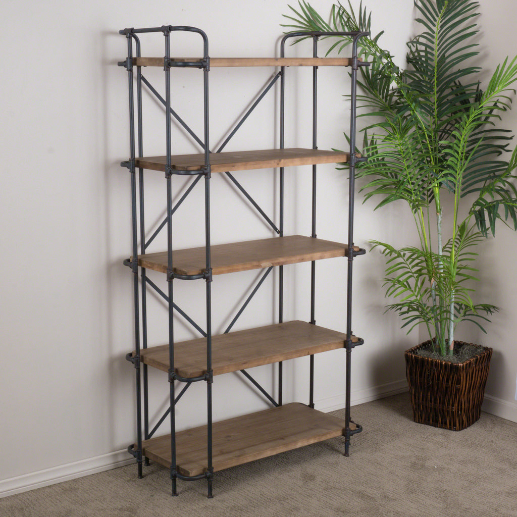 Yorktown Industrial 5-Shelf Bookcase with Metal Pipework and Solid Fir in Natural Finish - Grand Goldman Shop