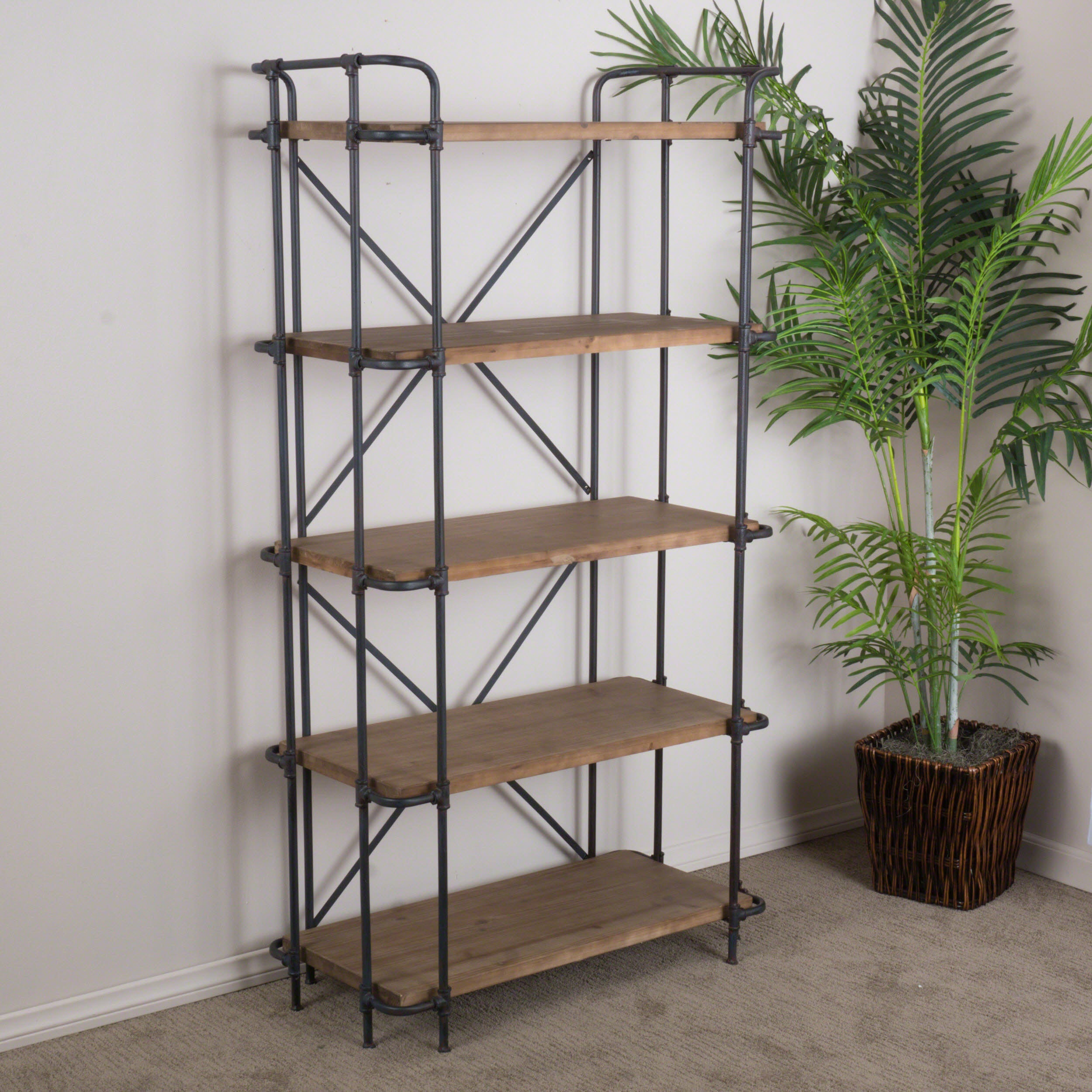 Yorktown Industrial 5-Shelf Bookcase with Metal Pipework and Solid Fir in Natural Finish - Grand Goldman Shop