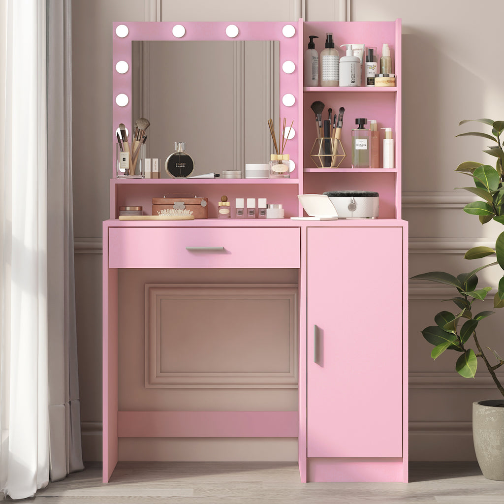 Vanity Desk with Mirror & Light, Large Drawer Three Level Storage Dresser, 3 Lighting Modes Adjustable Brightness, Bedroom Dressing Table(Pink) - Grand Goldman Shop
