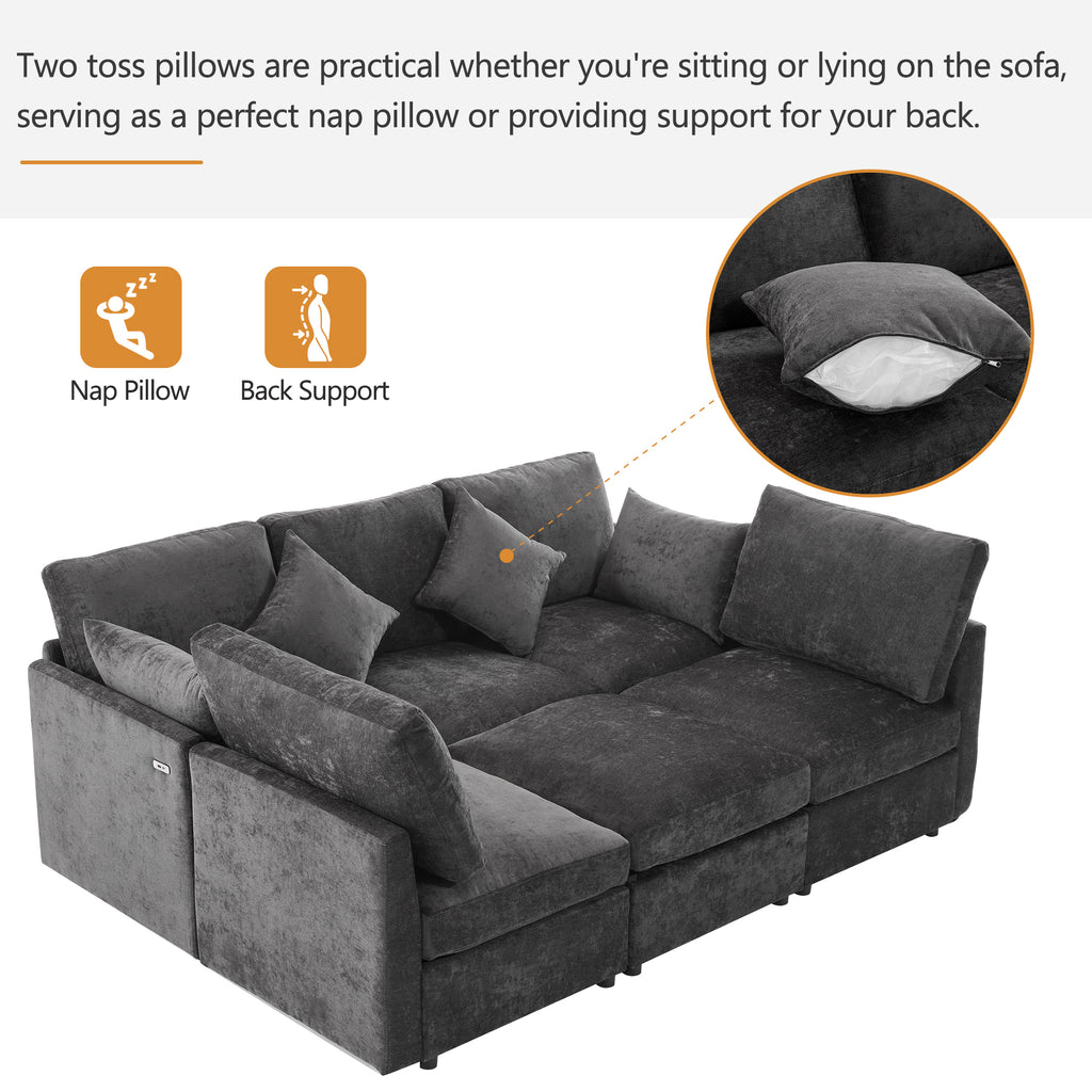 Stylish Modular U-Shaped Sectional Sofa with USB Ports, Black Chenille, 86.6' - Grand Goldman Shop