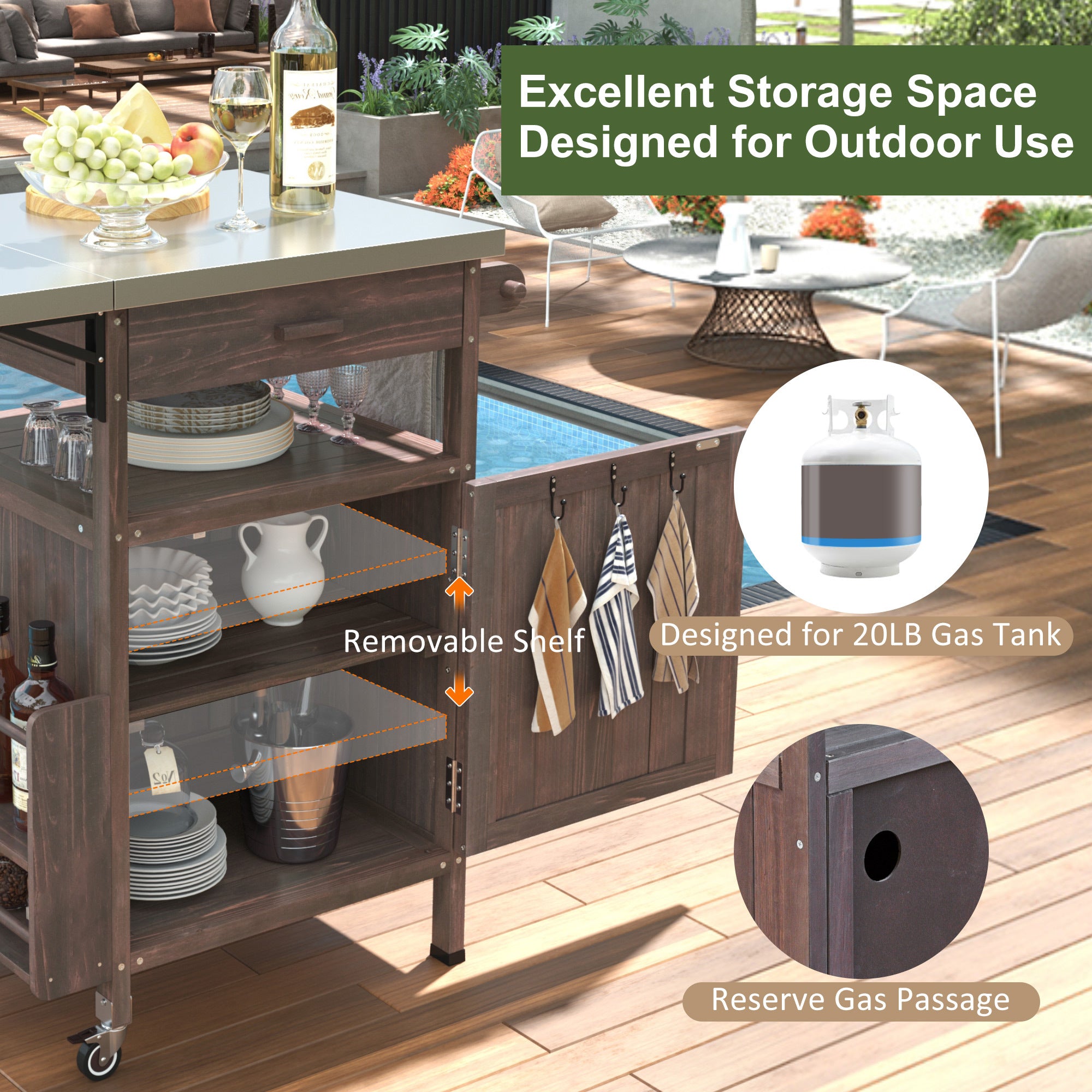 K&K 40.5' Outdoor Grill Cart with Stainless Steel Top, Solid Wood Outdoor Storage Cabinet with Drop Leaf, One Drawer, Towel Rack, Rolling Kitchen Cart with Lockable Wheels for Lawn Garden, Brown - Grand Goldman Shop