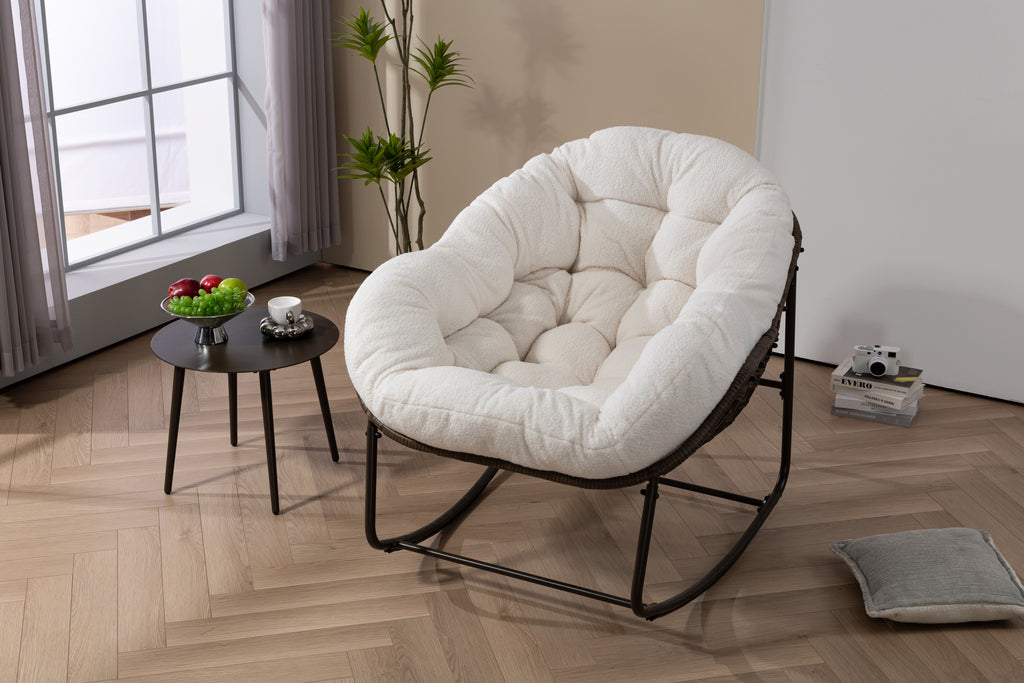Outdoor Rattan Rocking Chair,Padded Cushion Rocker Recliner Chair Outdoor for Front Porch, Living Room, Patio, Garden, White - Grand Goldman Shop