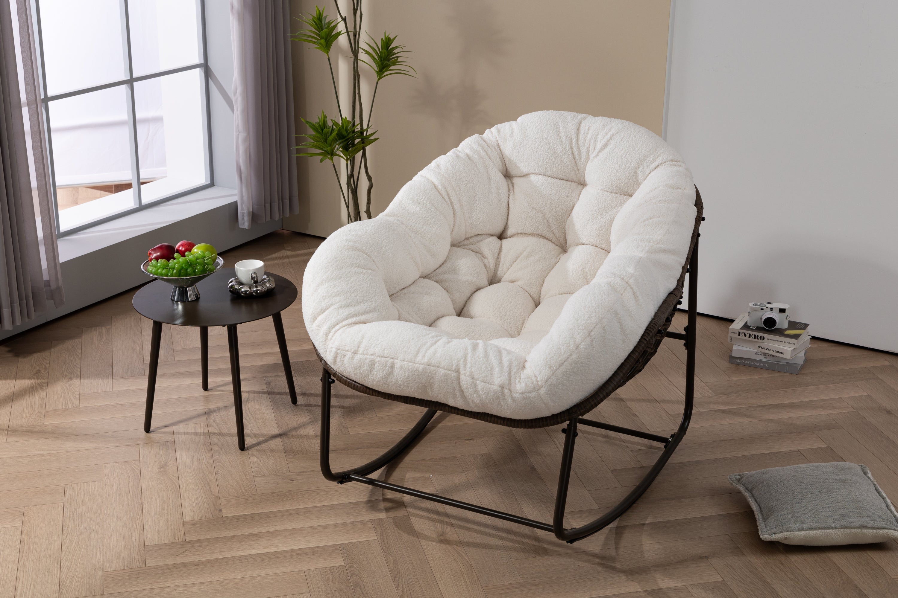 Outdoor Rattan Rocking Chair,Padded Cushion Rocker Recliner Chair Outdoor for Front Porch, Living Room, Patio, Garden, White - Grand Goldman Shop