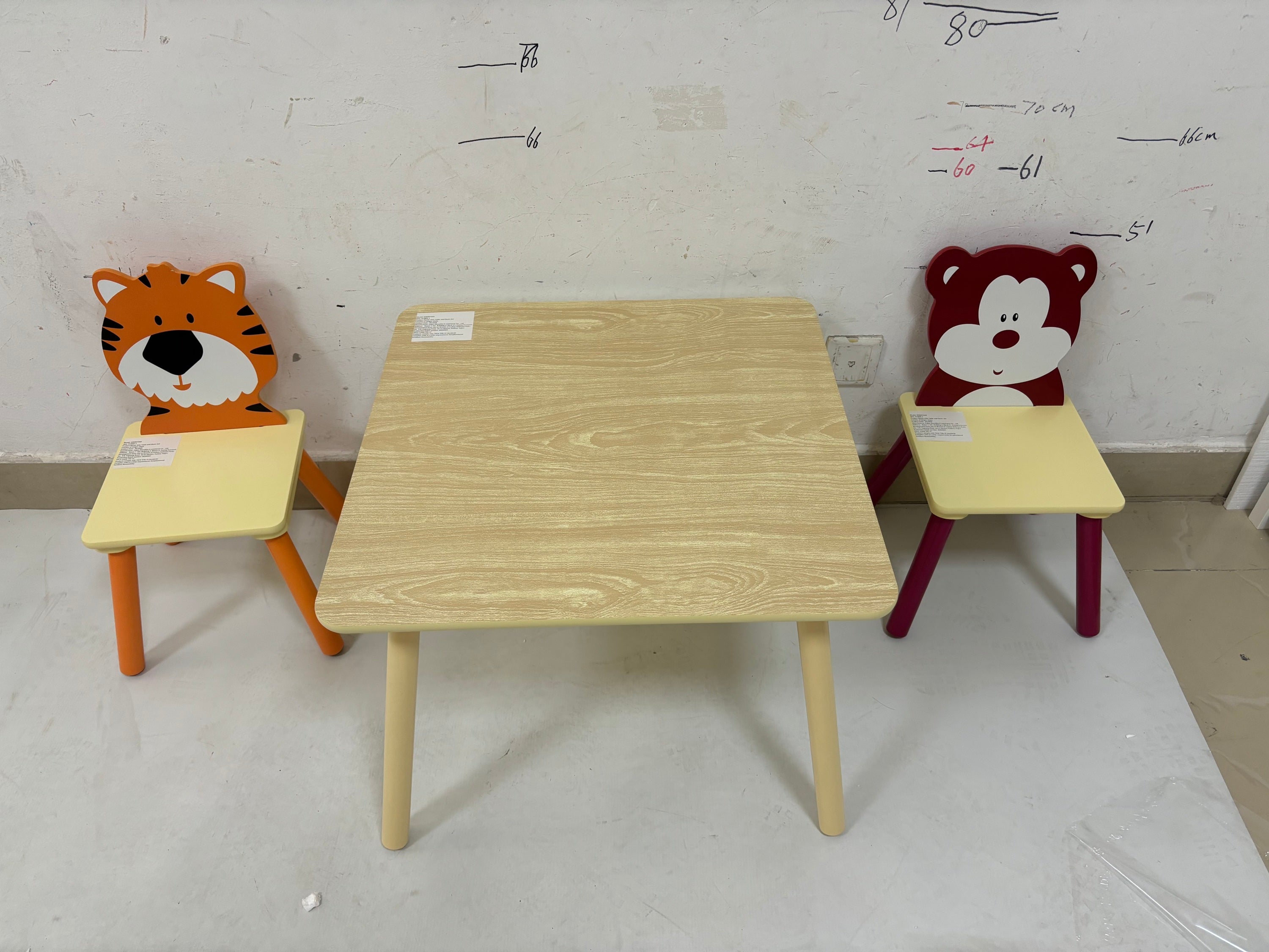 Kids Table and 2 Chairs Set, Wooden Activity Play Table Set with Bear & Tiger Design in White & Orange, Solid Wood and MDF Co