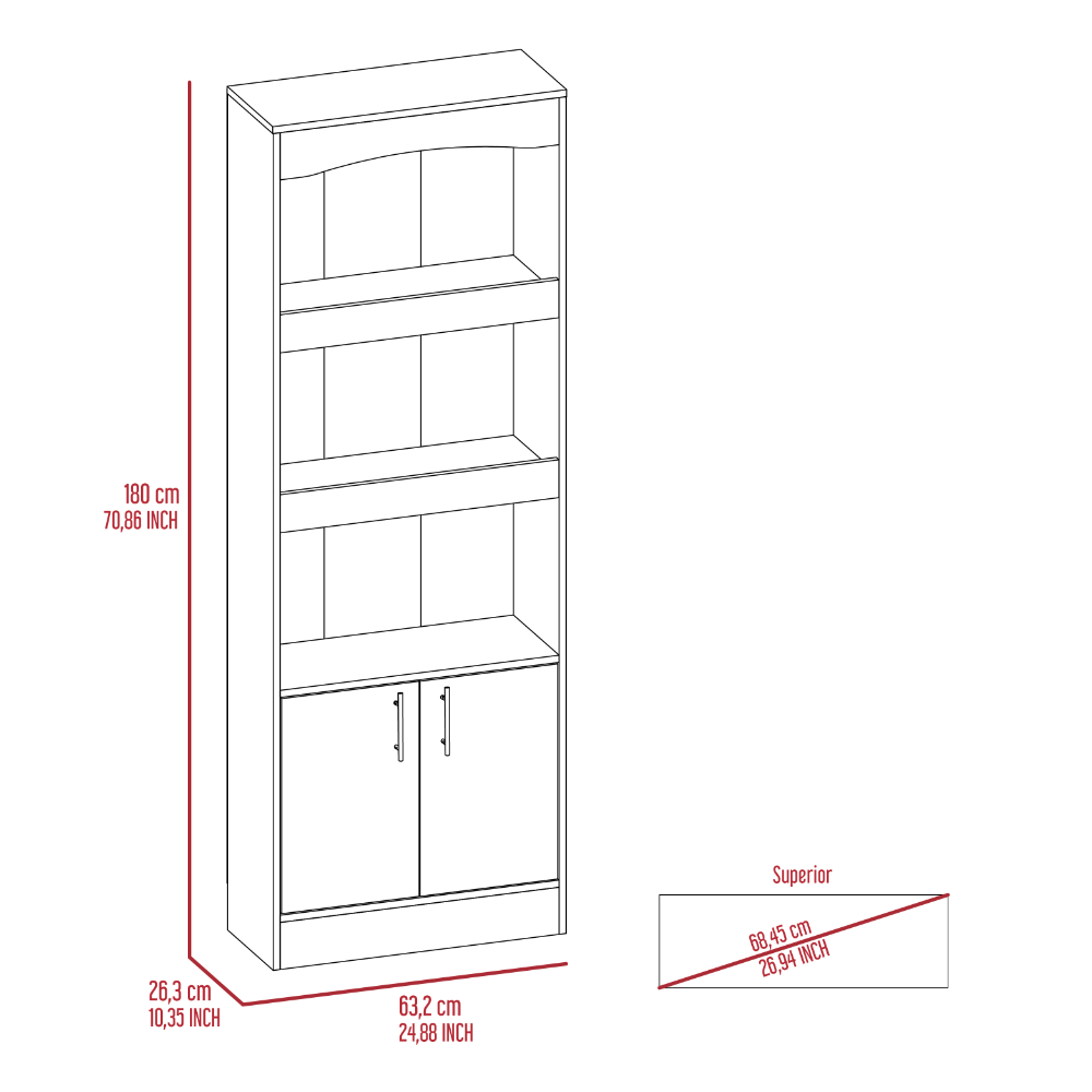 Bookcase, Three Shelves, Double Door Cabinet, Metal Hardware, Light Gray - Grand Goldman