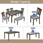 6PCs Kitchen Dining Set, Rectangular Wooden Dining Table with 4 Upholstered Chairs and a Bench, Dining Table Set for 6 People, Living Room, Home Bar and Kitchen, Walnut - Grand Goldman Shop