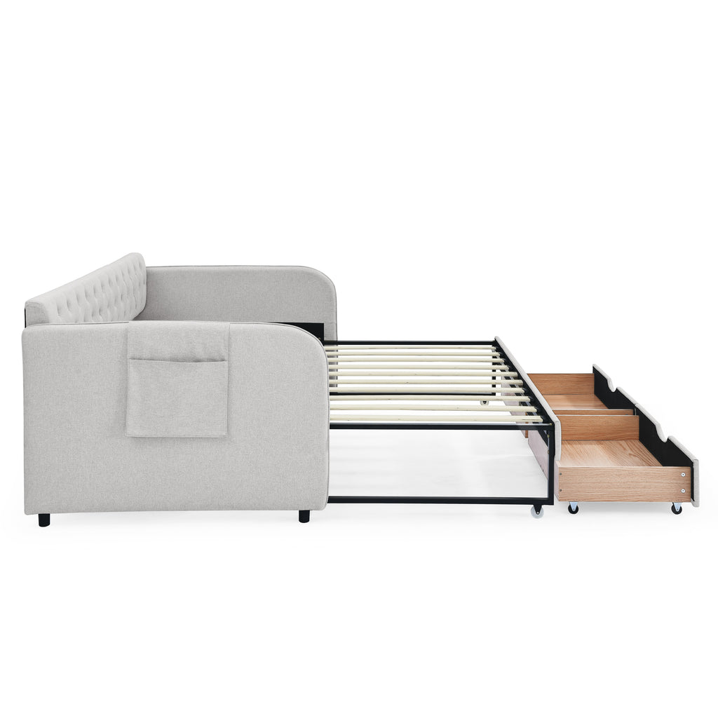 Linen Beige Twin Size Upholstered Daybed with Trundle and Storage Drawers, Flat Arms with Pocket, Extendable for Bedroom or Living Room - Grand Goldman Shop