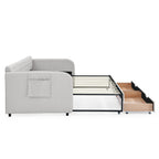 Linen Beige Twin Size Upholstered Daybed with Trundle and Storage Drawers, Flat Arms with Pocket, Extendable for Bedroom or Living Room - Grand Goldman Shop