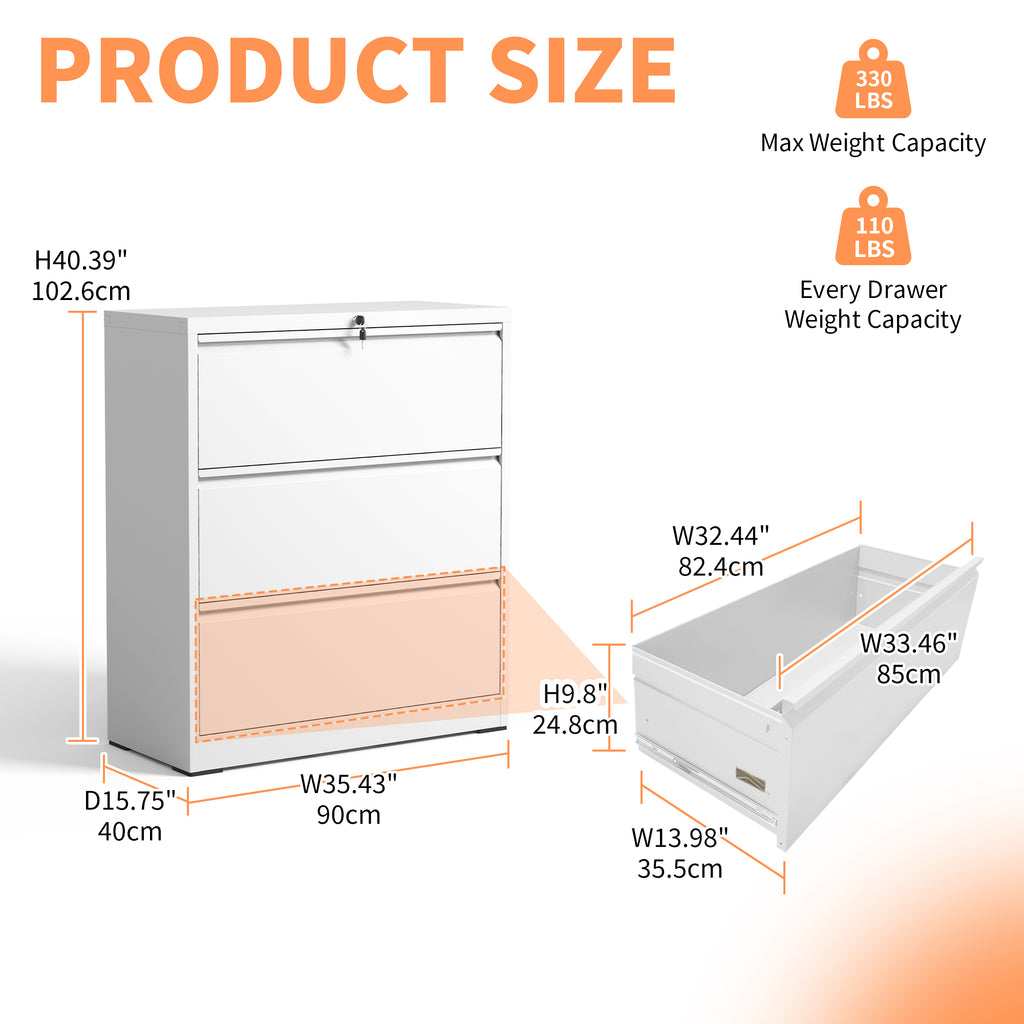 3 Drawer Lateral File Cabinet, 35.4 Inch Wide Metal Filing Cabinet, Locking Heavy Duty File Cabinet for Home Office, Anti-Tip