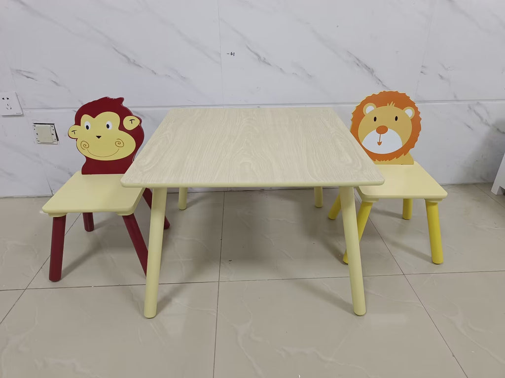 Lion & Monkey Wooden Activity Play Table Set for Kids, 3-Piece Toddler Table and Chair Set in Yellow & Red, Solid Wood & MDF,