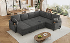Versatile U-Shaped Sectional Sofa Bed with Storage, Cup Holders, Charging Ports in Grey Chenille - Grand Goldman Shop