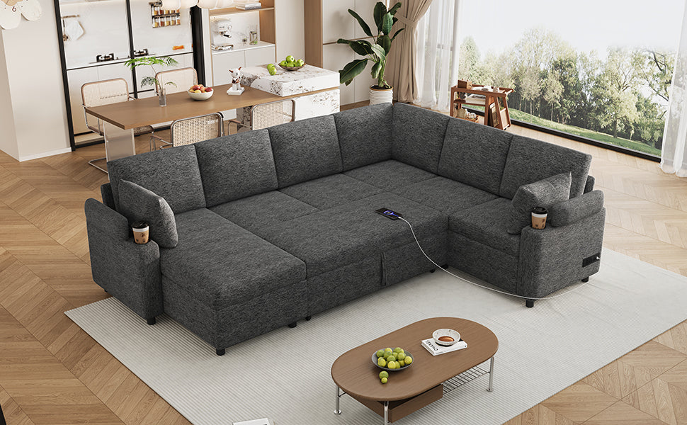 Versatile U-Shaped Sectional Sofa Bed with Storage, Cup Holders, Charging Ports in Grey Chenille - Grand Goldman Shop