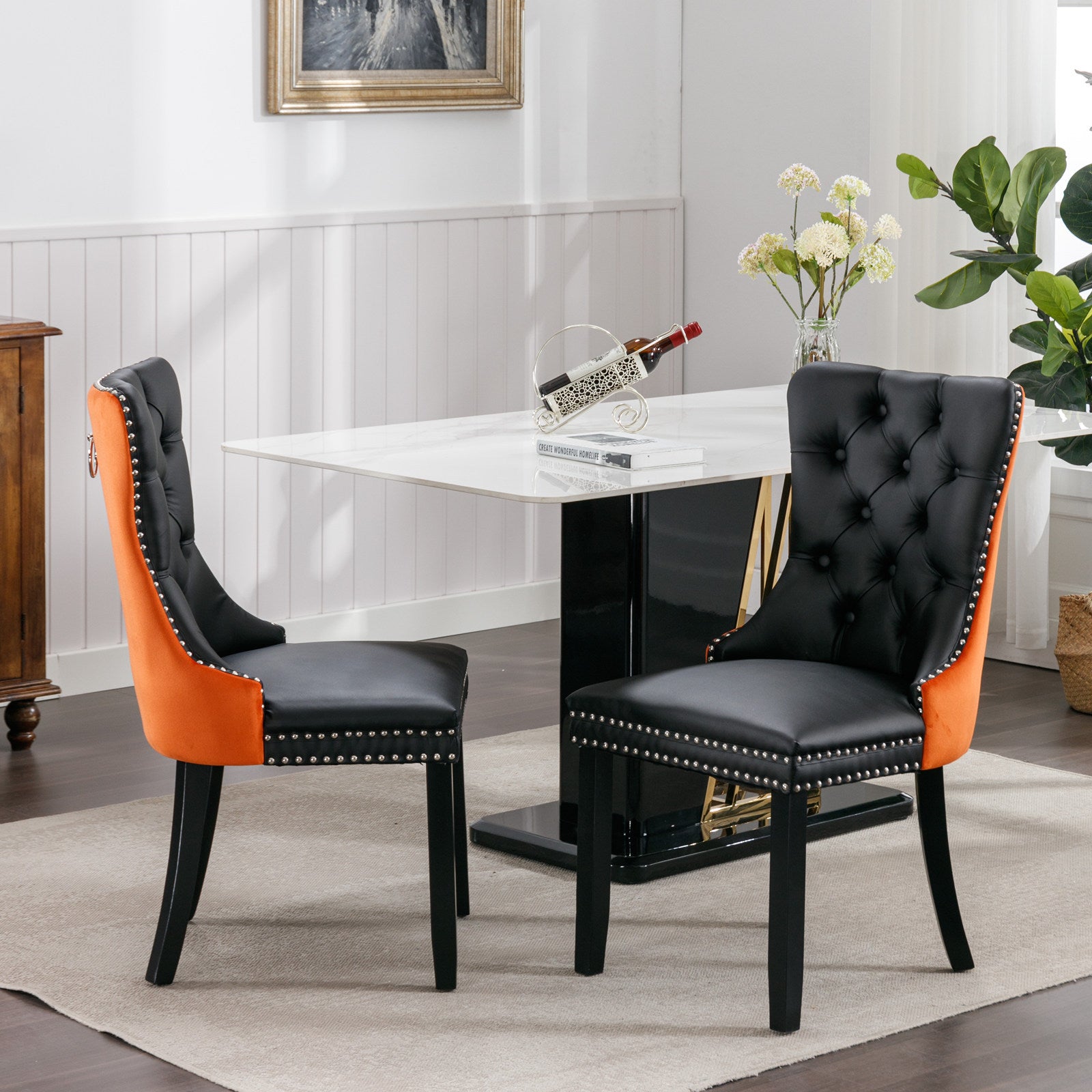 A&A Furniture,Nikki Collection Modern, High-end Tufted Solid Wood Contemporary PU and Velvet Upholstered Dining Chair with Wood Legs Nailhead Trim  2-Pcs Set，Black+Orange, SW2101BO - Grand Goldman Shop