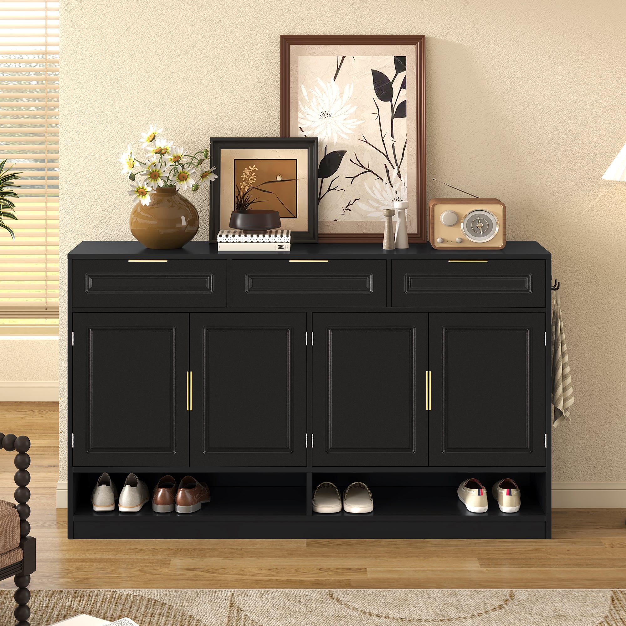 U-Style Farmhouse Sideboard with 3 Drawers & 4 Doors,59.1' Multi-Functional Storage Buffet with Adjustable Shelf and Open Storage Compartments, Suitable for Dining Room, Living Room, Entryway. - Grand Goldman Shop
