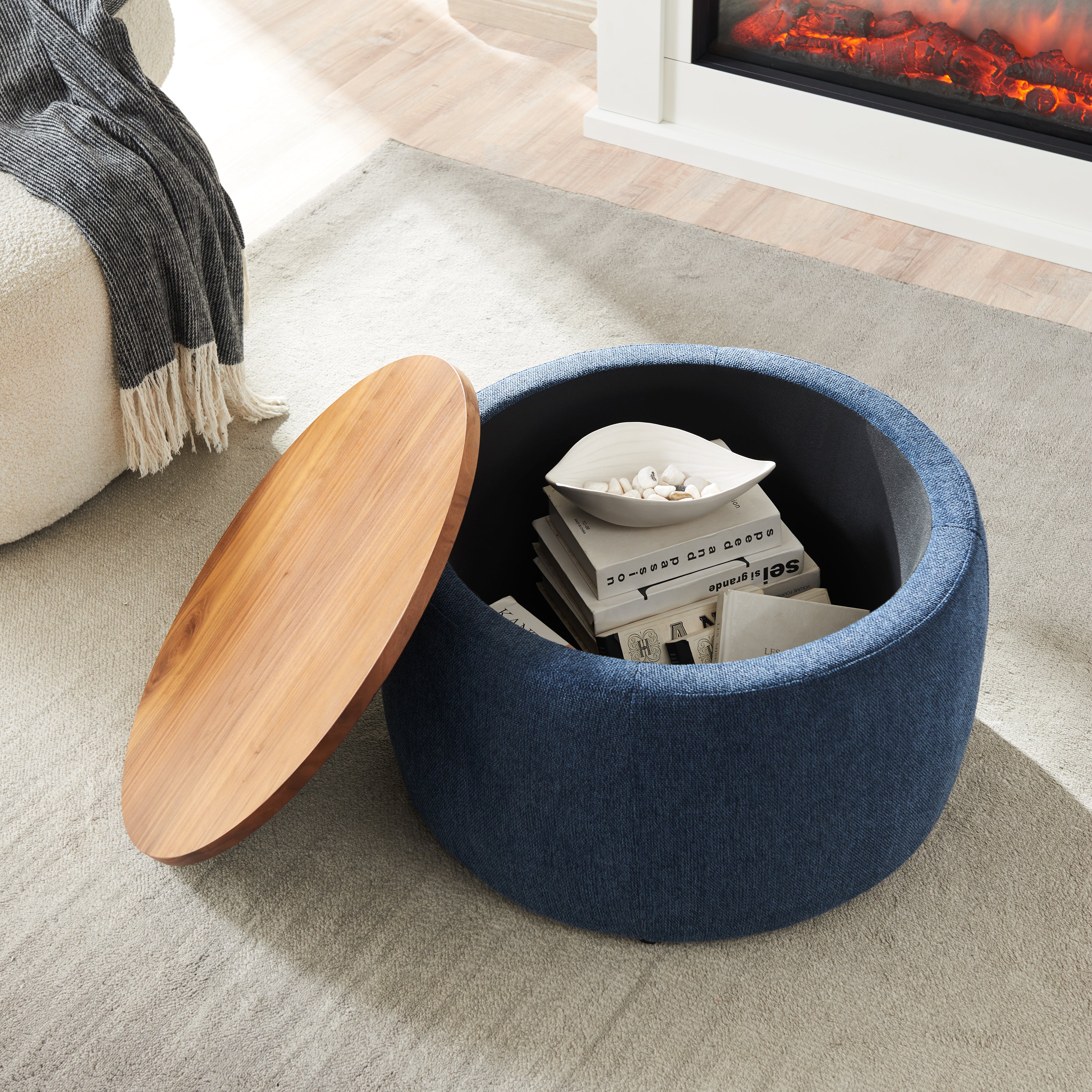 Round Storage Ottoman, 2 in 1 Function, Work as End table and Ottoman, Navy (25.5'x25.5'x14.5') - Grand Goldman Shop