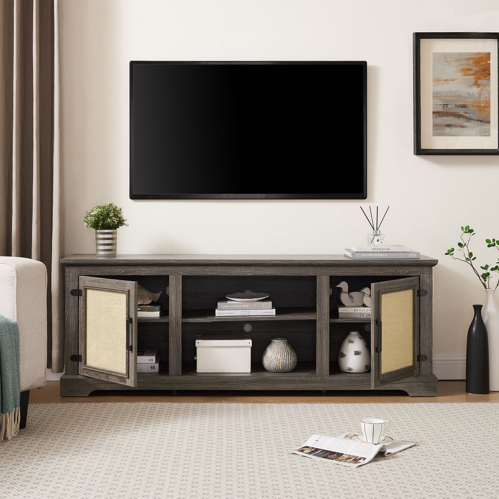 Farmhouse Rattan TV Stand Console Table for TVs up to 70 Inches, TV Console Table with 2 Storage Shelves, 2 Natural Rattan Door Cabinets, 65'W*15.55'D*23.86'H, Gray - Grand Goldman Shop