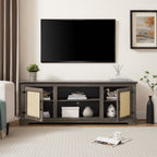 Farmhouse Rattan TV Stand Console Table for TVs up to 70 Inches, TV Console Table with 2 Storage Shelves, 2 Natural Rattan Door Cabinets, 65'W*15.55'D*23.86'H, Gray - Grand Goldman Shop