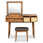 43.3' Classic Wood Makeup Vanity Set with Flip-top Mirror and Stool, Dressing Table with Three Drawers and storage space, Brown - Grand Goldman Shop