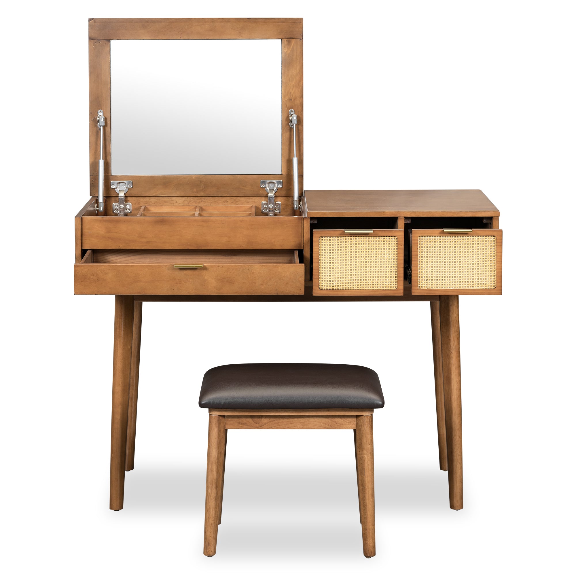 43.3' Classic Wood Makeup Vanity Set with Flip-top Mirror and Stool, Dressing Table with Three Drawers and storage space, Brown - Grand Goldman Shop